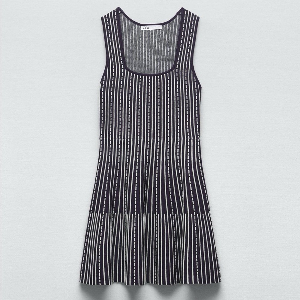 Zara navy and White Striped skater Dress